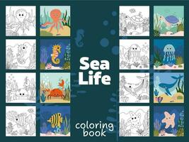 färgrik under vattnet värld färg sidor med valar och sjöstjärna simning med ett bläckfisk bland de tång och stenar, vektor tecknad serie illustration. vektor illustration