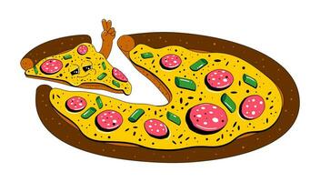 Pizza Charakter im retro Karikatur Stil. ein Stück von Pizza mit ein komisch Ausdruck auf es ist Gesicht. Vektor Illustration im eben Stil.