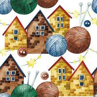 sömlös vattenfärg mönster på de tema av jul, ny år. söt jul hus, bollar av stickning garn, stickning nålar. hantverk, hobbies vektor