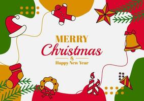 jul hälsning kort med olika element sådan som tall nålar, klockor, hattar, ljus, strumpor, dockor, stjärnor. vektor