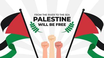 palestina kommer vara fri, från de flod till de hav vektor illustration. händer med nationell flaggor av palestina.