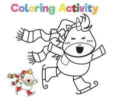 glad jul enhörning färg. hand dragen vektor illustration. magisk djur. färg bok sidor för vuxna och ungar. färg enhörning arbetsblad. vektor fil.
