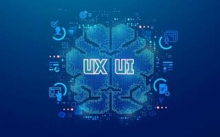 Konzept von ux ui Entwicklung, Grafik von futurisitc Gehirn Seite Trennung Benutzer Erfahrung Design und Benutzer Schnittstelle Design vektor