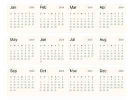 en gång i månaden kalender mall för 2024. börjar på söndag. vektor