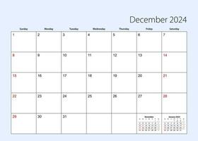 vägg kalender planerare för december 2024. engelsk språk, vecka börjar från söndag. vektor