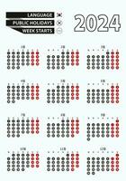 vektor mall kalender 2024 med siffra i cirklar, enkel koreanska kalender för år 2024.