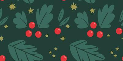 Weihnachten nahtlos Muster mit Stechpalme Beeren, Sterne und Blätter. vektor