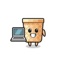 Maskottchenillustration des Waffelkegels mit einem Laptop vektor