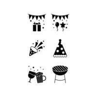 ikon uppsättning fest, gåva låda, ballonger, konfetti, fest hatt, öl, Skål, grilla grill.isolerad på vit bakgrund med svart fylla stil. vektor