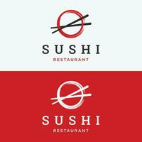 japanisch Essen Sushi Logo Design mit gekreuzt Essstäbchen. Logo zum Restaurant, Geschäft, Bar. vektor