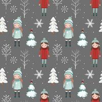 vinter- sömlös mönster med tjejer, snöig träd. jul vektor mönster. vinter- bakgrund design.