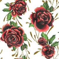 rot schwarz Rose Blumen mit Grün Blätter und Knospen, golden Geäst schick, hell, schöne. Hand gezeichnet Aquarell Illustration. nahtlos Muster auf ein Weiß Hintergrund, zum Dekoration und Design vektor