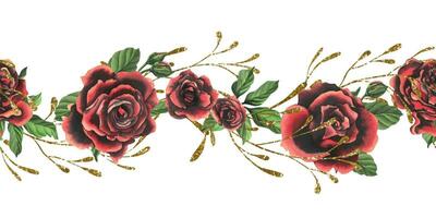 röd svart reste sig blommor med grön löv och knoppar, gyllene grenar, chic, ljus, skön. hand dragen vattenfärg illustration. sömlös gräns en vit bakgrund, för dekoration och design vektor