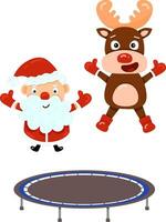 Illustration mit süß Karikatur Santa und Rentier Rudolph auf ein Trampolin. Element zum drucken, Postkarte und Poster. Vektor Illustration