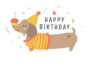 süß Geburtstag Karte mit Dackel Würstchen Hund. kawaii Gruß Karte Karikatur Hand Zeichnung eben Design Grafik Illustration. vektor