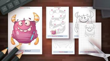 Wie zu zeichnen ein Monster. Schritt durch Schritt Zeichnung Lernprogramm. zeichnen Führung. einfach Anweisung. Färbung Buchseite. Arbeitsblätter zum Kinder und Adalts. vektor