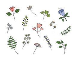 Blumen bunt Kritzeleien Satz. Vektor Illustration. süß Hand gezeichnet Blumen- Elemente. dekorativ Pflanzen auf Weiß Hintergrund.