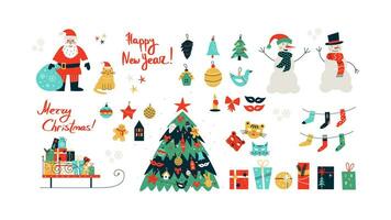 Vektor Illustration mit süß Weihnachten Satz. Hand geschrieben glücklich Neu Jahr und fröhlich Weihnachten. hell Farben Design.