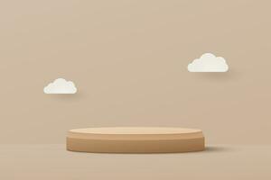 pastell brun realistisk 3d podium papper konst stil och vit papper skära moln. vektor illustration