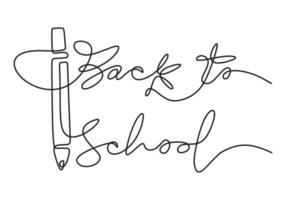 Kontinuierliche einzeilige Zeichnung von handgeschriebenen Wörtern zurück in die Schule mit großem Bleistift auf weißem Hintergrund. vektor