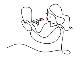Kontinuierliche einzeilige Zeichnung eines glücklichen Frauengesichts mit rosa Lippenstift mit großem Spiegel aus der Seitenansicht. Frau machen Thema eine Zeile isoliert auf weißem Hintergrund. vektor