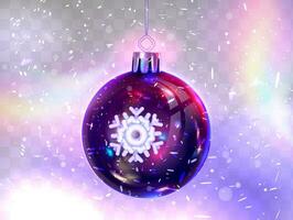 glad jul och Lycklig ny år. realistisk jul boll med snöflinga på transparent bakgrund med konfetti. vektor illustration. eps 10