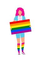 ung kvinna med regnbågsskylt halv platt färg karaktär vektor