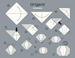 Kürbis Origami planen Lernprogramm ziehen um Modell. Origami zum Kinder. Schritt durch Schritt Wie zu machen ein süß Origami Gemüse. Vektor Illustration.