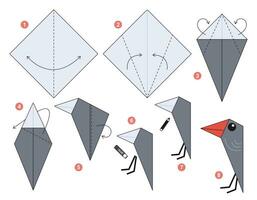 hackspett origami schema handledning rör på sig modell. origami för ungar. steg förbi steg på vilket sätt till göra en söt origami fågel. vektor illustration.