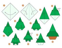 gran origami schema handledning rör på sig modell. origami för ungar. steg förbi steg på vilket sätt till göra en söt origami gran. vektor illustration.