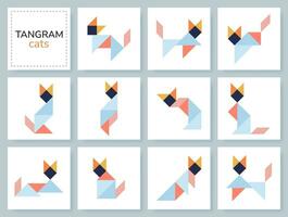 tangram pussel spel för ungar. färgrik geometrisk samling med isolerat katter i olika poserar. ikoner med husdjur på vit bakgrund. vektor illustration