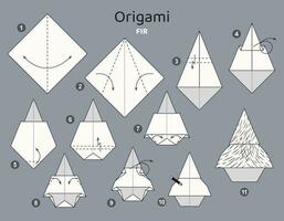 Tanne Origami planen Lernprogramm ziehen um Modell. Origami zum Kinder. Schritt durch Schritt Wie zu machen ein süß Origami Tannenbaum. Vektor Illustration.