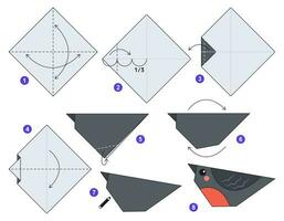 domherre origami schema handledning rör på sig modell. origami för ungar. steg förbi steg på vilket sätt till göra en söt origami fågel. vektor illustration.