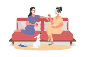 Mädchen trinken Wein auf der bequemen Couch halbflacher Farbvektorzeichen vektor