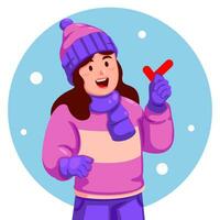 flicka bär vinter- kläder innehav en kolla upp mark vektor
