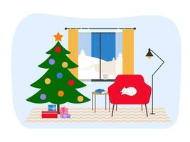 ny år interiör design med jul träd. mysigt rum med fåtölj och gran. vektor illustration