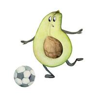 hand dragen vattenfärg avokado karaktär spelar fotboll fotboll, sparkar boll öva kondition hälsa. illustration isolerat sammansättning, vit bakgrund. design för affisch, skriva ut, hemsida, kort, Gym vektor