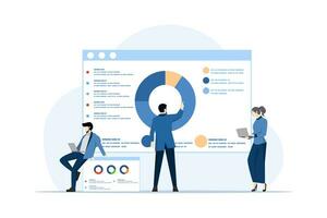 Geschäft Analyse Konzept, SEO Optimierung Infografiken, Geschäft Menschen suchen zum SEO Analyse Armaturenbrett, finanziell Bericht, Statistiken, finanziell Forschung, Marketing, eben Vektor Illustration.