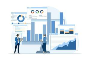 företag data analys begrepp, marknadsföra forskning, planera, produkt testning, statistik, finansiell infografik, förvaltning begrepp med företag team håller på med analys och forskning, platt illustration. vektor