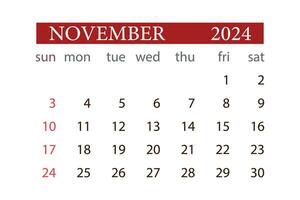 November 2024 Kalender monatlich Planer Start Sonntag Vorlage Vektor. vektor