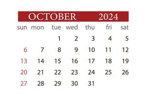oktober 2024 kalender en gång i månaden planerare Start söndag mall vektor. vektor