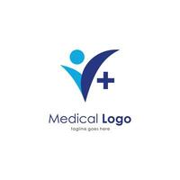 medicinsk logotyp design med Lycklig människor illustration och plus tecken, modern sjukhus logotyp inspiration mall vektor