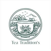 Illustration von Kräuter- traditionell Tee. Tee Tasse, Tee Blätter. orientalisch, Chinesisch Tee Logo Vorlage. Vektor Bild eps 10. eben minimalistisch Stil.