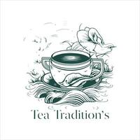 illustration av ört- traditionell te. te kopp, te löv. orientalisk, kinesisk te logotyp mall. vektor bild eps 10. platt minimalistisk stil.