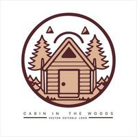 Holz Kabine Logo Vorlage. Kabine im das Wald Vektor Illustration. Kabine Vermietung Logo. Chalet im das Wald Aufkleber.