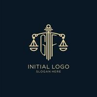 Initiale Freundin Logo mit Schild und Waage von Gerechtigkeit, Luxus und modern Gesetz Feste Logo Design vektor