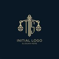 Initiale ts Logo mit Schild und Waage von Gerechtigkeit, Luxus und modern Gesetz Feste Logo Design vektor