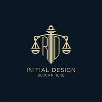 Initiale rd Logo mit Schild und Waage von Gerechtigkeit, Luxus und modern Gesetz Feste Logo Design vektor