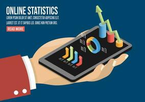 3d isometrisk uppkopplad statistik begrepp med mänsklig händer innehav mobil telefon med utveckling statistik metadata över skärm. vektor illustration eps10