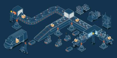 Clever Warenhaus Technologie Konzept mit autonom Roboter Transport, Warenhaus Automatisierung System und autonom Roboter Transport Betrieb Service. Vektor Illustration eps 10